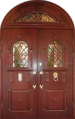 Стальная арочная дверь со стеклом и ковкой ДА-30 в дом из кирпича в Лыткарино