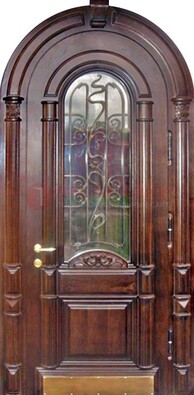 Арочная металлическая дверь массив со стеклом и ковкой ДА-50 в Лыткарино