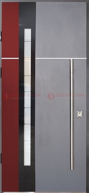 Серая входная дверь с порошковым окрасом и красной вставкой ДП-175 в Лыткарино