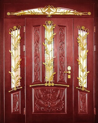 Бордовая железная парадная дверь со стеклом и ковкой ДПР-75 в Лыткарино