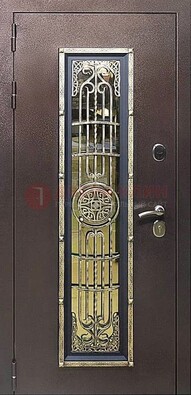 Железная дверь цвета медный антик со стеклом и ковкой ДСК-105 в Лыткарино