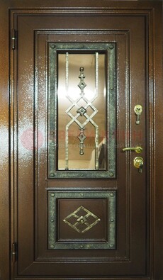 Теплая входная дверь со стеклом и ковкой разноцветной ДСК-13 в Лыткарино