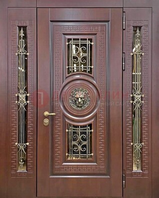 Коричневая стальная дверь со стеклом и ковкой ДСК-147 с фрамугами в Лыткарино
