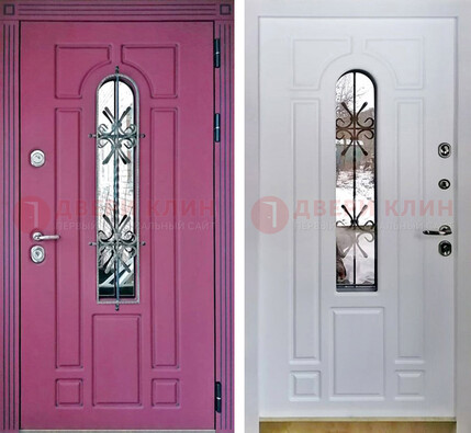 Розовая металлическая дверь со стеклом и ковкой ДСК-151 в Лыткарино