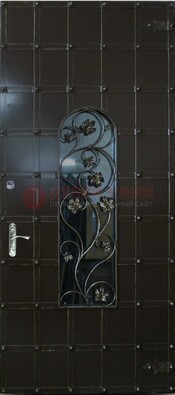 Высокая железная дверь со стеклом и ковкой ДСК-15 в Лыткарино