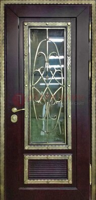 Темная уличная дверь порошок со стеклом и ковкой ДСК-167 в Лыткарино