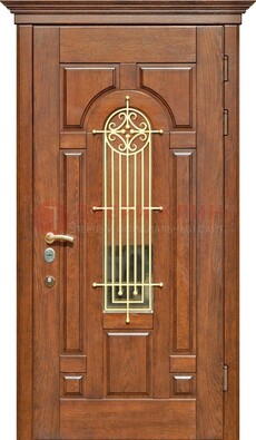 Коричневая железная дверь винорит со стеклом и ковкой ДСК-189 в Лыткарино