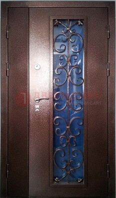 Двойная металлическая дверь со стеклом и ковкой ДСК-4 в Лыткарино