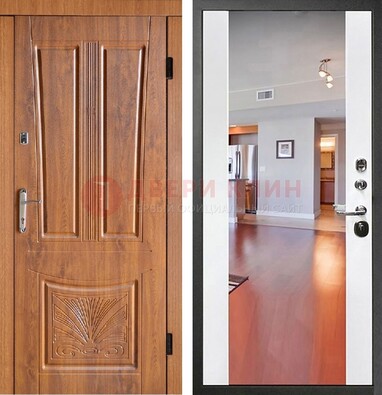 Входная коричневая дверь терморазрыв c виноритом и белая МДФ c зеркалом ДЗ-123 в Лыткарино