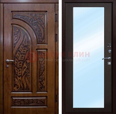 Коричневая входная дверь c узором и виноритом МДФ с зеркалом ДЗ-98 в Лыткарино