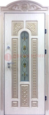 Белая железная дверь с МДФ и витражом ВЖ-26 в Лыткарино