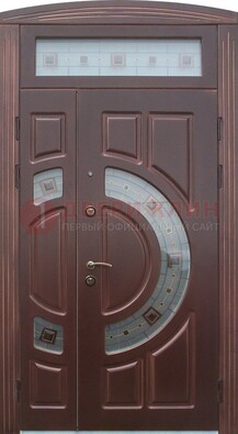 Коричневая двухстворчатая железная дверь с МДФ и витражом ВЖ-29 в Лыткарино