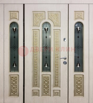 Светлая железная дверь с МДФ и витражом ВЖ-34 в Лыткарино