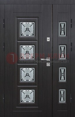 Чёрная двухстворчатая железная дверь с МДФ и витражом ВЖ-35 в Лыткарино