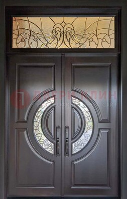 Чёрная двухстворчатая железная дверь с МДФ и витражом ВЖ-38 в Лыткарино